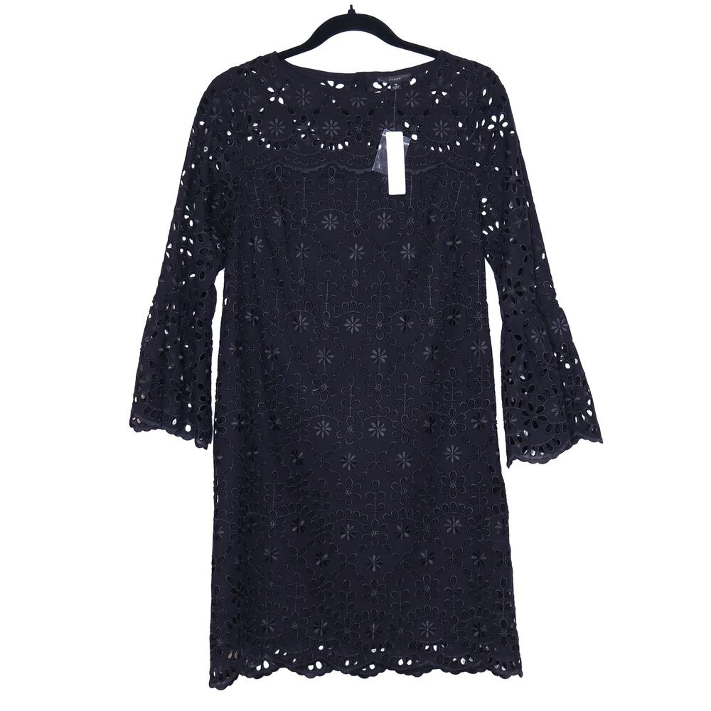 J. CREW Embroidered Eyelet Mini Dress NWT Black Bell-Sleeve Women's 0